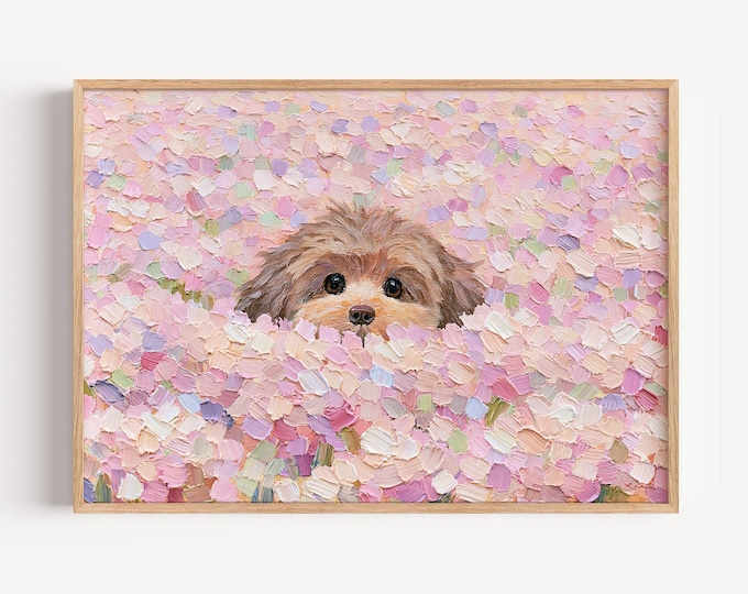 Puppy Wall Art Print, Pastel Impasto Peeking Pet Portrait, Shaggy Dog With Big Eyes, Whimsical Sweet Nursery And Living Room Accent