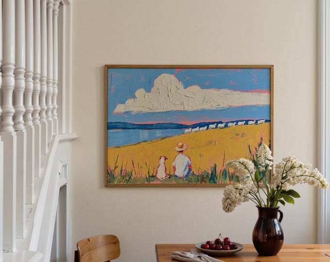 Pastoral Landscape Wall Art Print, Shepherd and Sheep Painting, Dog Countryside Art, Blue Lake Canvas, Farmhouse Country Wall Decor