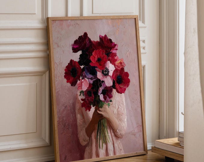 Red Anemone Oil Painting Print, Hand Holding Flowers Wall Art, Pink Aesthetic Floral Art,Impressionist Bouquet Decor, Moody Floral Art