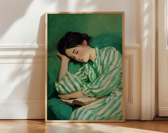Green Oil Painting Print, Woman Reading Art, Vintage Style Wall Art, Cozy Aesthetic Canvas, Bedroom Decor, Soft Feminine Wall Decor