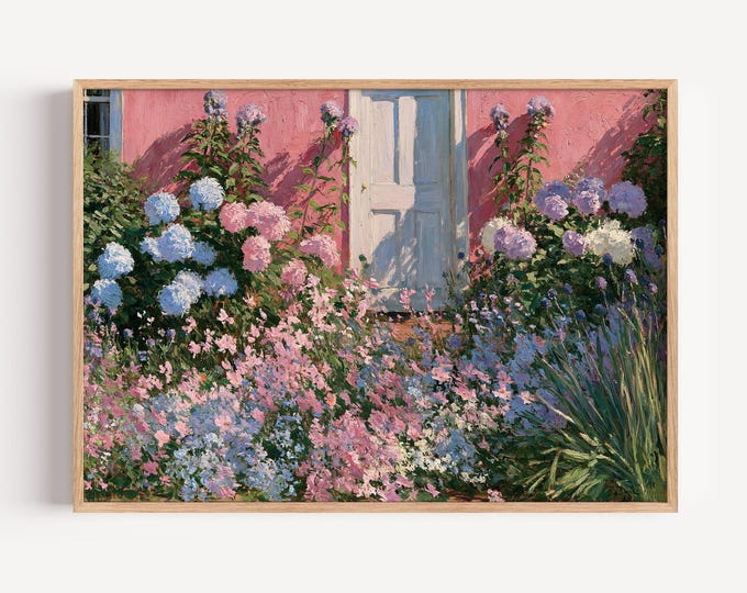 Pink House Wall Art Print, Hydrangea Flower Garden Painting, Cottage Garden Wall Decor, Impressionist Floral Canvas Art