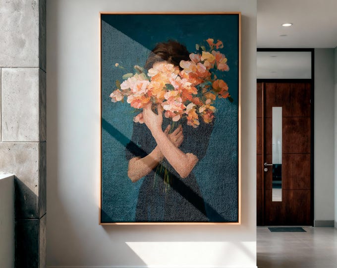 Moody Floral Portrait Oil Painting Print, Woman with Flowers Wall Art, Teal Room Decor, Fine Art Paper, Canvas, Framed Wall Art