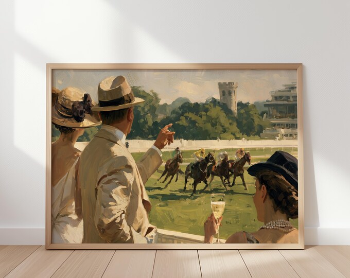 Horse Racing Wall Art Print, Equestrian Wall Decor, Derby Day Painting, Old Money Vintage Horse Canvas, Jockey Art, Country Club Decor