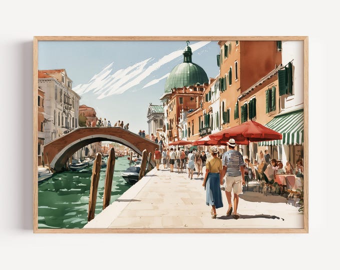 Venice Italy Wall Art Print, Colorful Canal Sketch, Venetian Street Painting, European Travel Decor, Mediterranean City Artwork