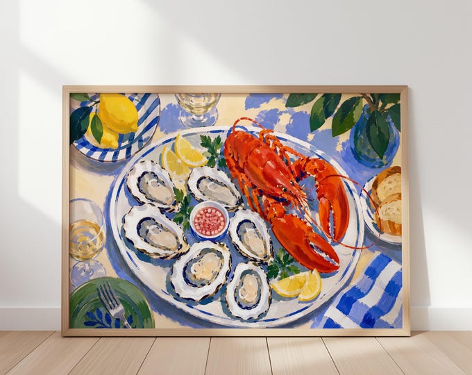 Lobster and Oysters Wall Art Print, Mediterranean Seafood Kitchen Canvas, Coastal Dining Room Framed Wall Art, Italian Summer Decor