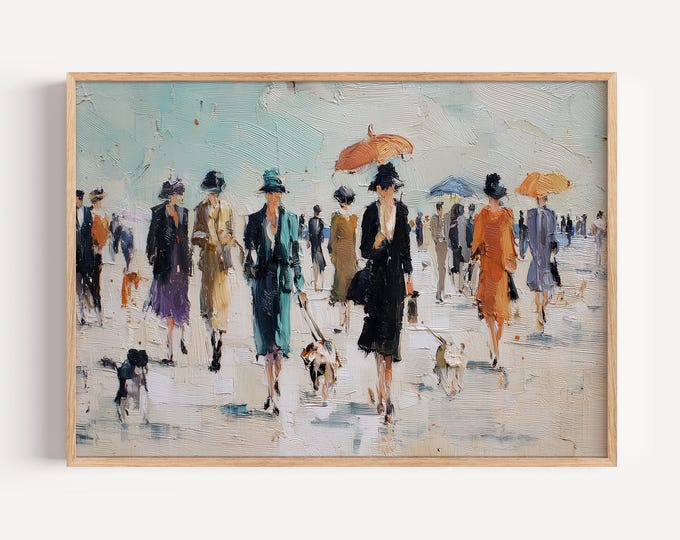 Impressionist Beach Painting, Vintage Seaside Stroll Art, Ladies with Parasols Print, Old Money Coastal Decor, Impasto Oil Artwork
