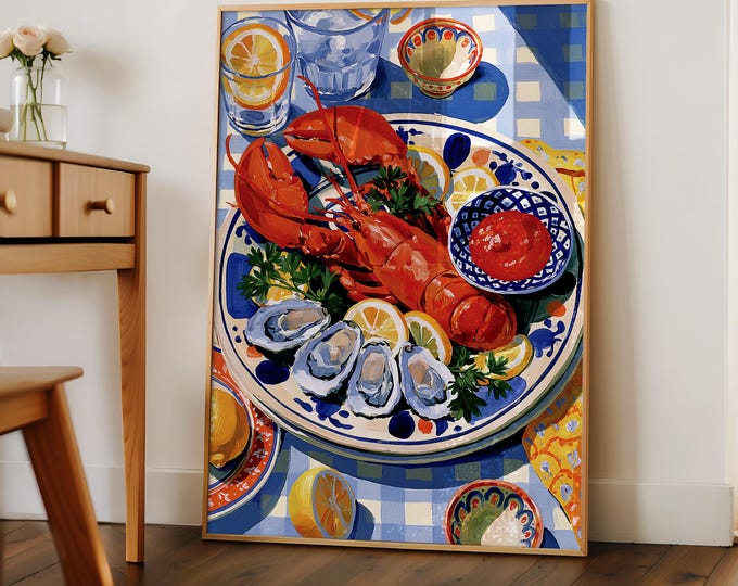 Coastal Seafood Wall Art Print, Lobster & Oyster Still Life Painting, Nautical Kitchen Decor, Mediterranean Dinner Canvas Art