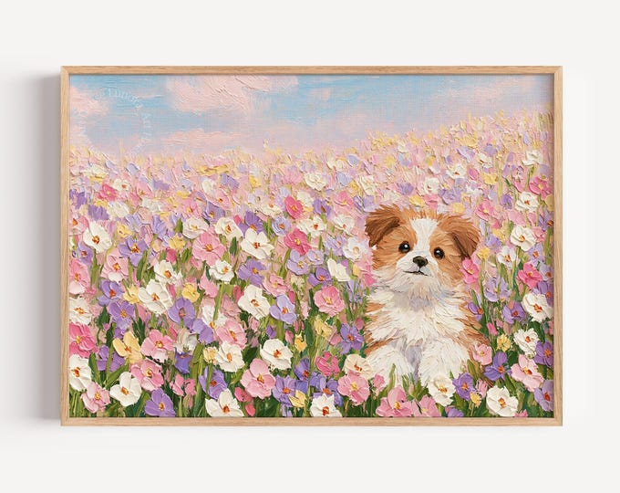 Puppy In Flower Field Wall Art Print, Adorable Puppy Peeking Among Pastel Blooms, Soft Sky And Colorful Flowers, Cute Nursery Living Decor