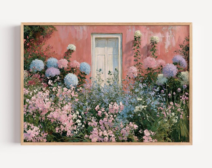 Pink House Wall Art Print, Hydrangea Flower Garden Painting, Cottage Garden Wall Decor, Impressionist Floral Canvas Art