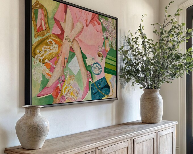 Preppy Wall Art Print, Chic Fashion Illustration, Pink Heels Painting, Feminine Room Decor, Coquette Aesthetic Art, Grandmillennial Decor