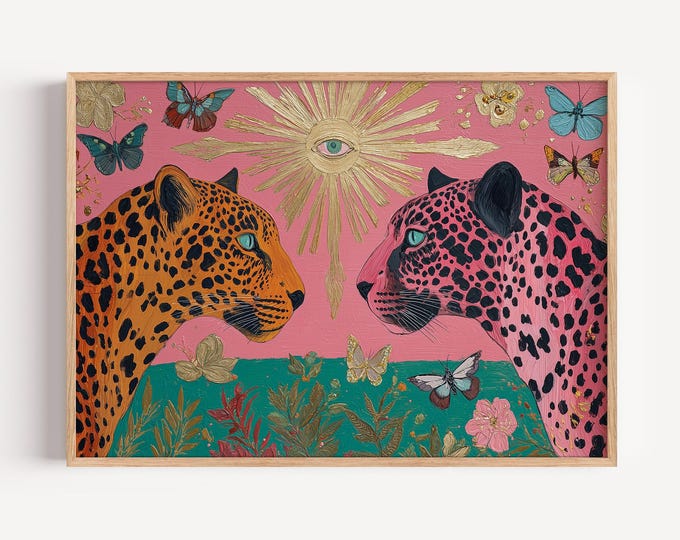 Maximalist Leopard Wall Art Print, Surreal Folk Art Oil Painting Print, Mystical Cosmic Eye & Sacred Heart Decor, Botanical Butterfly Decor