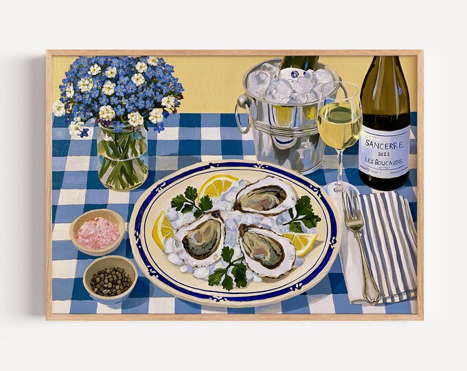 French Oyster Wall Art Print, Coastal Kitchen Decor, Blue Check Table Painting, Seafood Canvas Art, Coastal Dining Room Wall Decor