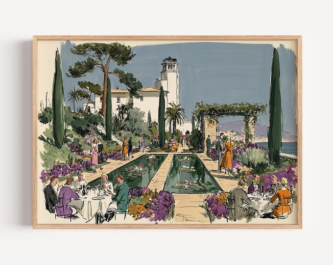 Mediterranean Villa Wall Art Print, Italian Coastal Landscape, Amalfi Coast Canvas, Old Money Decor, European Garden Painting