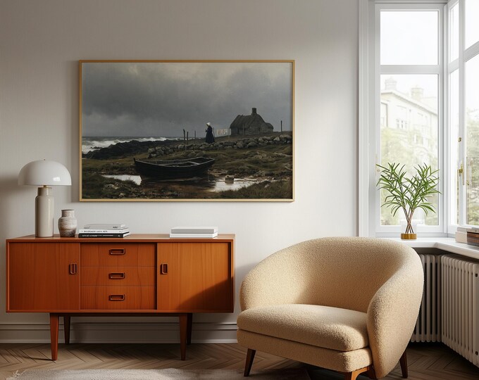 Coastal Cottage Wall Art Print, Woman in Bonnet by Boat and Clothesline, Moody Grey Sky Over Rocky Shore and Waves, Stone Cottage Seascape