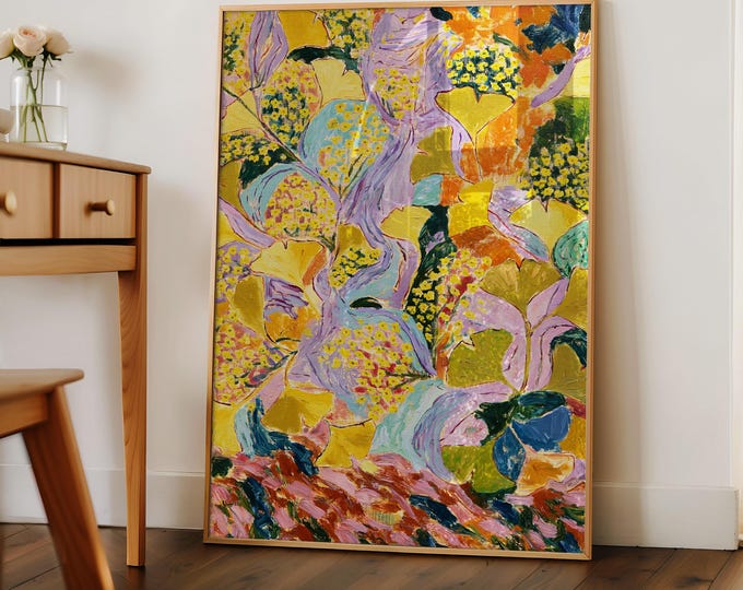 Ginkgo Leaf Wall Art Print, Abstract Botanical Painting, Modern Floral Canvas, Yellow Purple Nature Decor, Contemporary Living Room Art