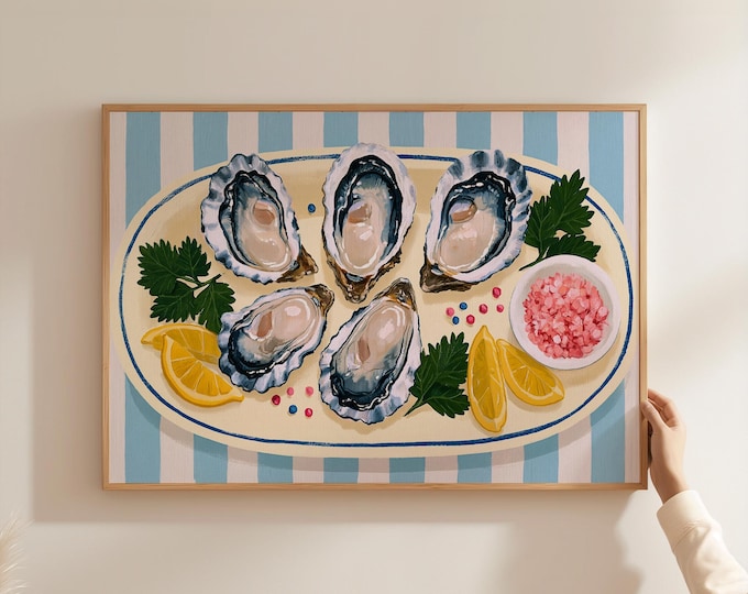 Oyster Wall Art Print, Coastal Kitchen Decor, Oyster Painting, Seafood Wall Art, French Bistro Canvas, Beach House Dining Room Decor