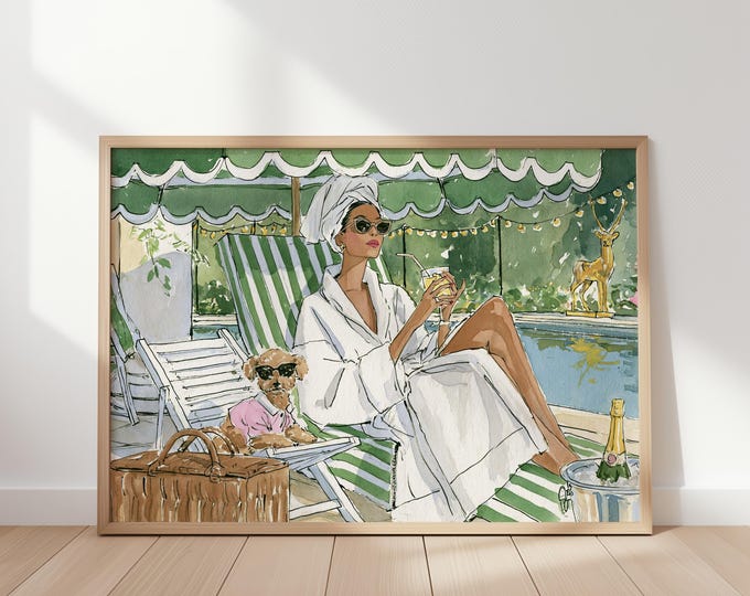 Poolside Fashion Wall Art Print, Chic Summer Resort Watercolor, Elegant Woman & Poodle Painting, Luxury Vacation Home Decor
