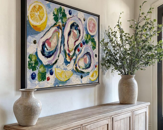 Oyster Wall Art Print, Coastal Kitchen Decor, French Seafood Painting, Lemon & Sea Salt Canvas, Mediterranean Dining Room Wall Art