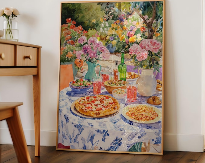 Pizza Pasta Oil Painting Print, Maximalist Kitchen Wall Art, Italian Dinner Print, Colorful Floral Garden Table Decor, Gift for Pizza Lover