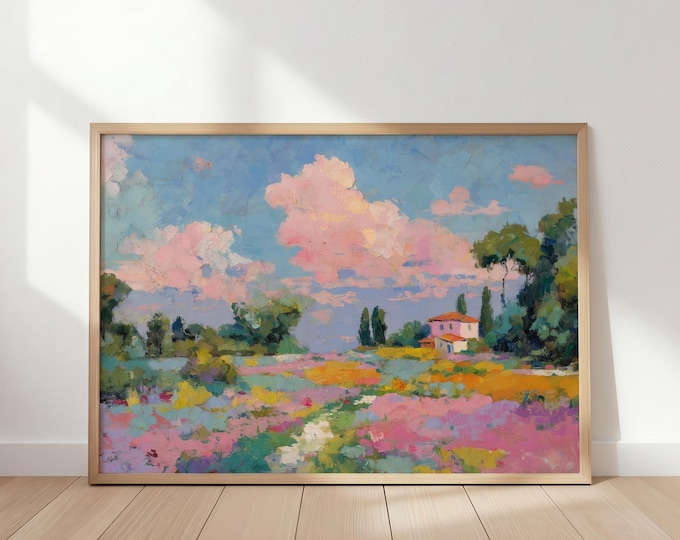 Pastel Landscape Wall Art Print, Colorful Abstract Oil Painting Print, French Country Cottage Decor, Spring Meadow Art, Floral Field Artwork