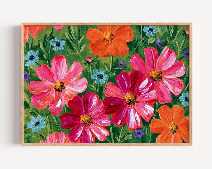 Colorful Floral Wall Art Print, Pink Orange Flower Painting, Wildflower Canvas Art, Botanical Wall Decor, Maximalist Home Decor