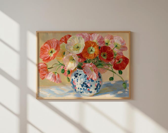 Colorful Poppy Flower Wall Art Print, Floral Vase Painting, Vintage Botanical Art, Cottagecore Wall Decor, Spring Flower Print
