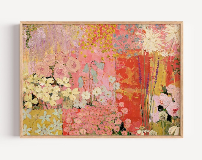 Colorful Floral Wall Art Print, Pastel Flower Garden Painting, Pink Botanical Art, Maximalist Wall Decor, Cottagecore Floral Print