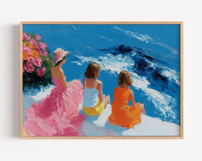 Coastal Family Wall Art Print, Ocean Cliff Painting, Mother and Daughters Artwork, Beach House Decor, Impressionist Seascape