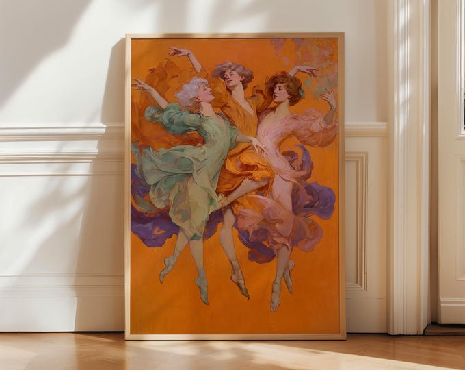 Three Muses Canvas Wall Art, Framed Art Print, Vintage Dance Painting, Orange Aesthetic Decor, Elegant Feminine Art