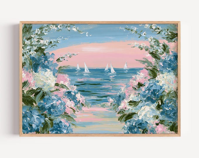 Floral Coastal Oil Painting Print, Ocean Wall Art, Sailboat Seascape, Pink Blue Beach Decor, Hydrangea Wall Art, Coastal Cottage Decor