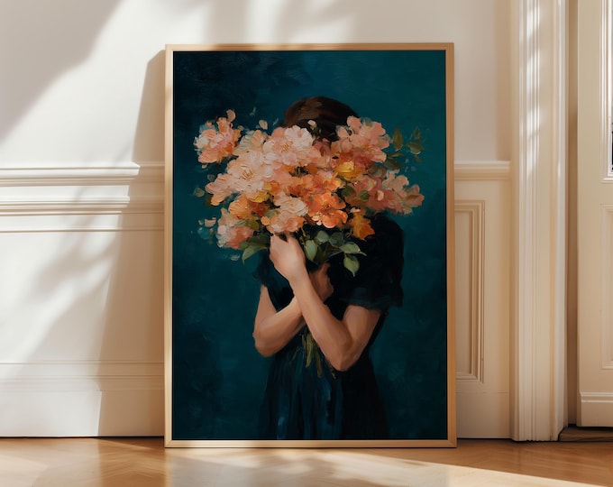 Moody Floral Portrait Oil Painting Print, Woman with Flowers Wall Art, Teal Room Decor, Fine Art Paper, Canvas, Framed Wall Art