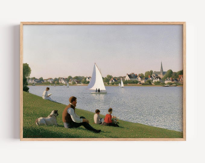 Vintage Lakeside Park Wall Art Print, Pointillism Landscape Painting, Summer Lake Canvas, Impressionist Nature Wall Decor