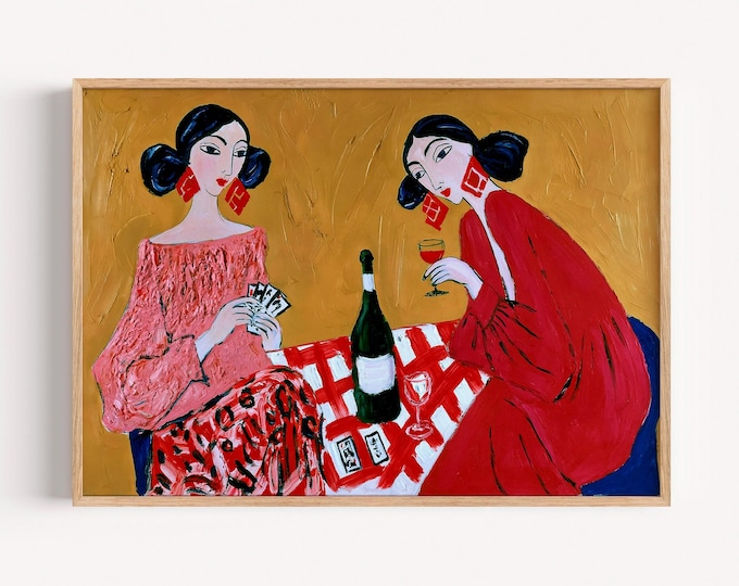 Two Women Drinking Wine Wall Art Print, Female Friendship Painting, Girls Night Art Print, Red Figurative Canvas, Colorful Woman Decor