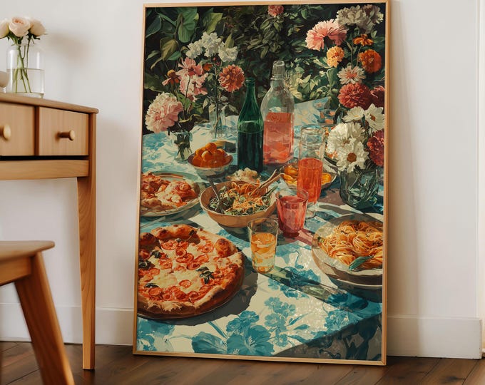 Pizza Pasta Oil Painting Print, Maximalist Kitchen Wall Art, Italian Dinner Print, Colorful Floral Garden Table Decor, Gift for Pizza Lover