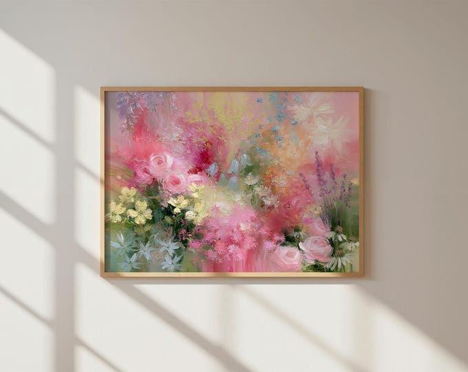 Colorful Floral Wall Art Print, Pastel Flower Garden Painting, Pink Botanical Art, Maximalist Wall Decor, Cottagecore Floral Print