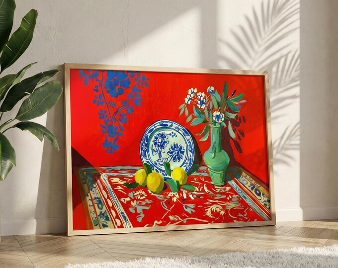 Vibrant Fauvism Still Life Art Print, Red Background, Blue & White Plate, Lemons, Green Vase, Colorful Wall Decor, Home Art Print
