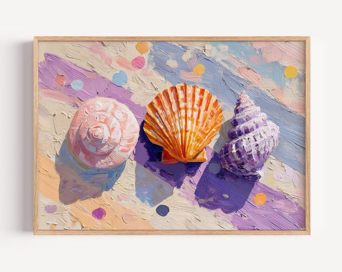 Pastel Seashell Wall Art Print, Coastal Beach House Canvas, Impasto Shell Painting Framed Wall Art, Pink and Purple Ocean Decor