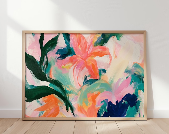 Colorful Abstract Floral Wall Art Print, Pink Green Blue Botanical Painting, Modern Flower Canvas Art, Large Living Room Decor