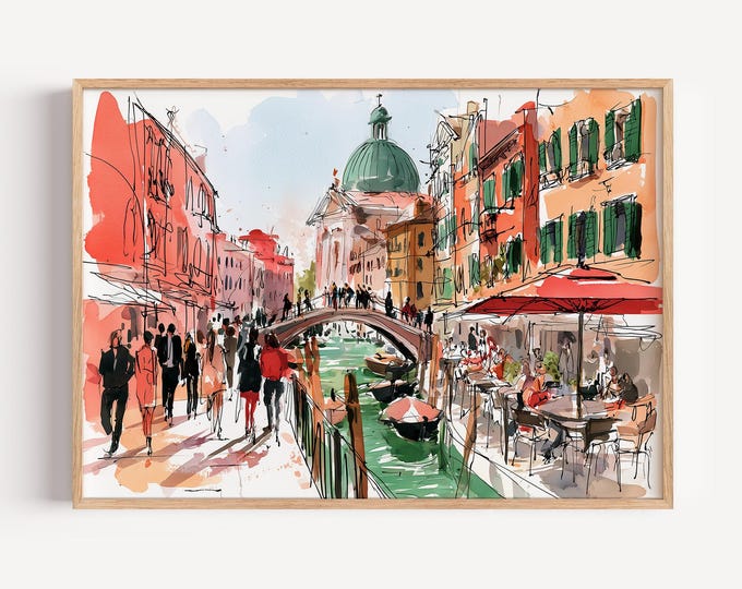 Venice Italy Wall Art Print, Colorful Canal Sketch, Venetian Street Painting, European Travel Decor, Mediterranean City Artwork