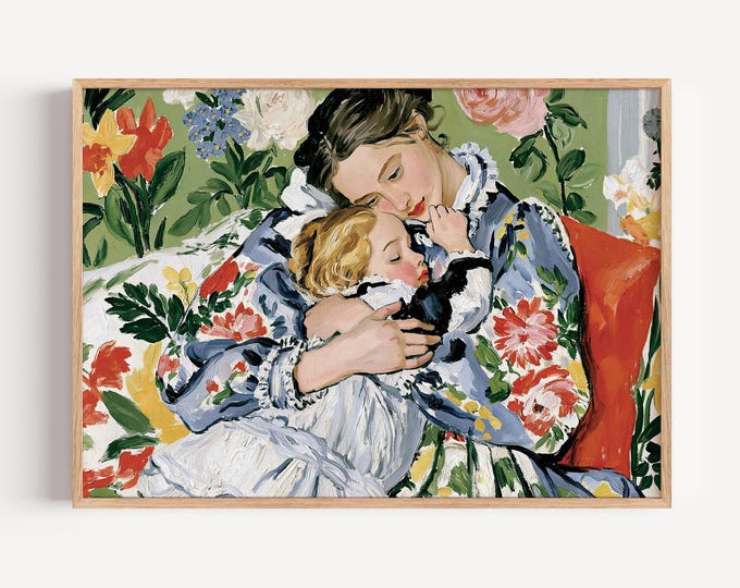 Mother Daughter Wall Art Print, Motherhood Oil Painting, Colorful Figurative Art, Mom & Child Portrait, Family Wall Decor, Mothers Day Gift