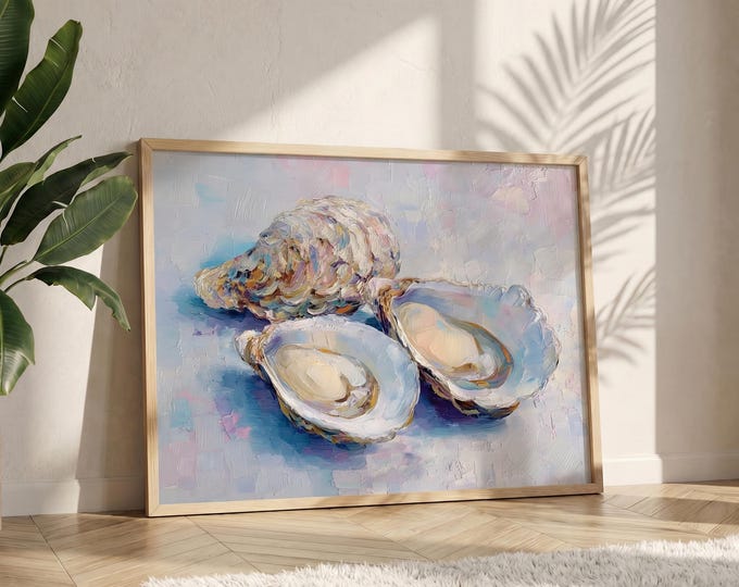 Pastel Oyster Oil Painting Print, Coastal Wall Art, Oyster Shell Canvas Print, Beach Cottage Decor, Impressionist Seafood Artwork
