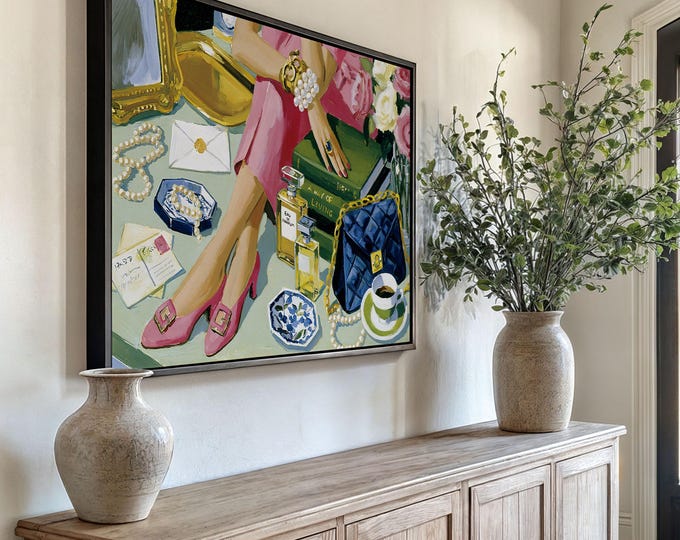 Preppy Wall Art Print, Chic Fashion Illustration, Pink Heels Painting, Feminine Room Decor, Coquette Aesthetic Art, Grandmillennial Decor
