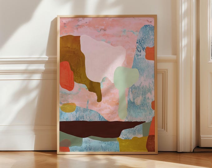 Modern Abstract Pastel Pink Wall Art, Colorful Organic Shapes Print, Large Textured Contemporary Painting, Mid Century Gallery Wall Decor