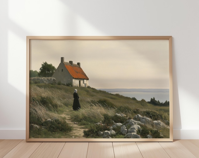 Vintage Coastal Landscape Wall Art Print, Seaside Cottage Painting, Woman by the Sea, Moody Countryside Art, Rustic Coastal Decor