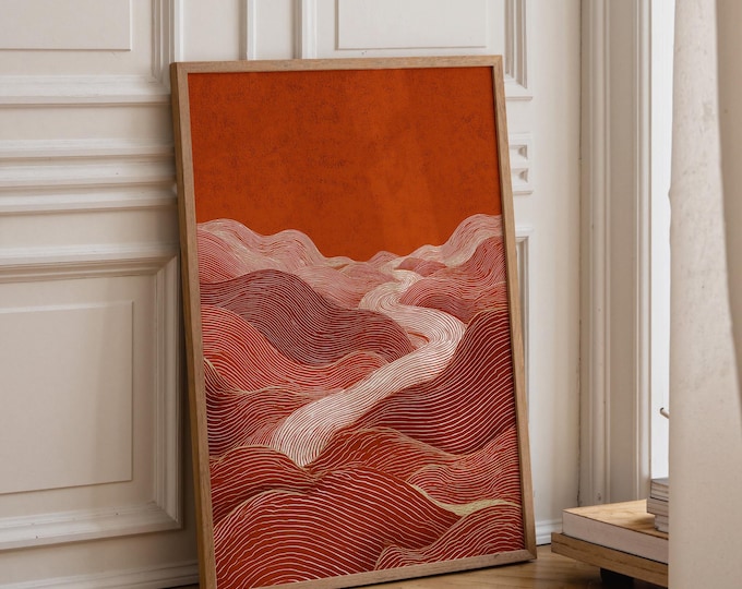 Terracotta Mountain Wall Art Print, Abstract Landscape Canvas, Burnt Orange Line Art Decor, Boho Framed Wall Art, Minimalist Desert Art
