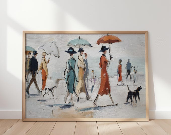 Impressionist Beach Painting, Vintage Seaside Stroll Art, Ladies with Parasols Print, Old Money Coastal Decor, Impasto Oil Artwork