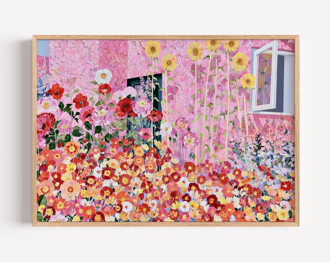 Pink House Wall Art Print, Hydrangea Flower Garden Painting, Cottage Garden Wall Decor, Impressionist Floral Canvas Art