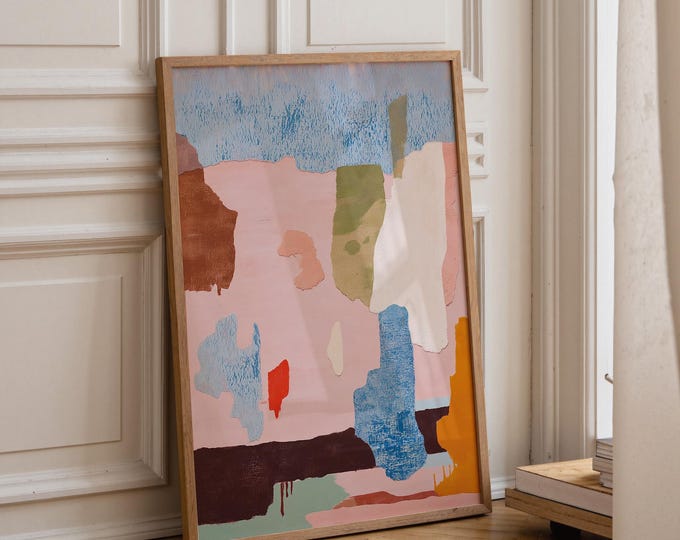 Modern Abstract Pastel Pink Wall Art, Colorful Organic Shapes Print, Large Textured Contemporary Painting, Mid Century Gallery Wall Decor
