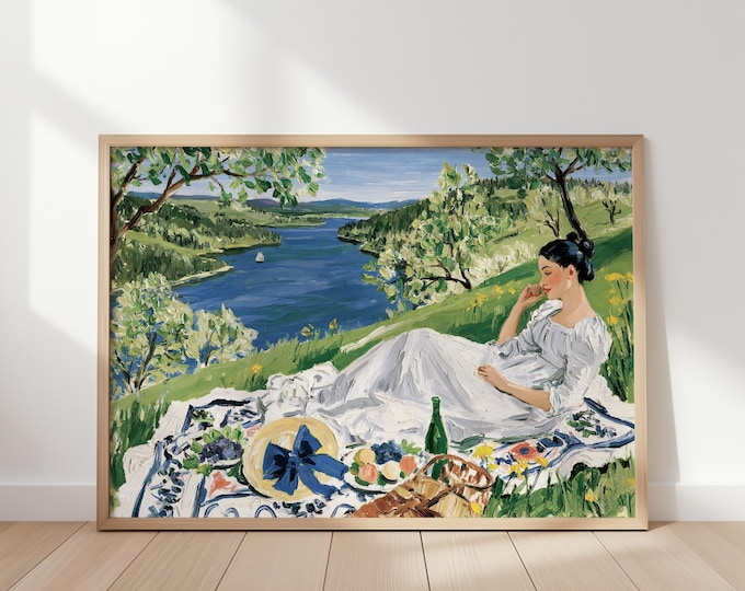 Vintage Impressionist Picnic Landscape Wall Art Print, River Meadow Painting, French Countryside Canvas, Cottagecore Home Decor