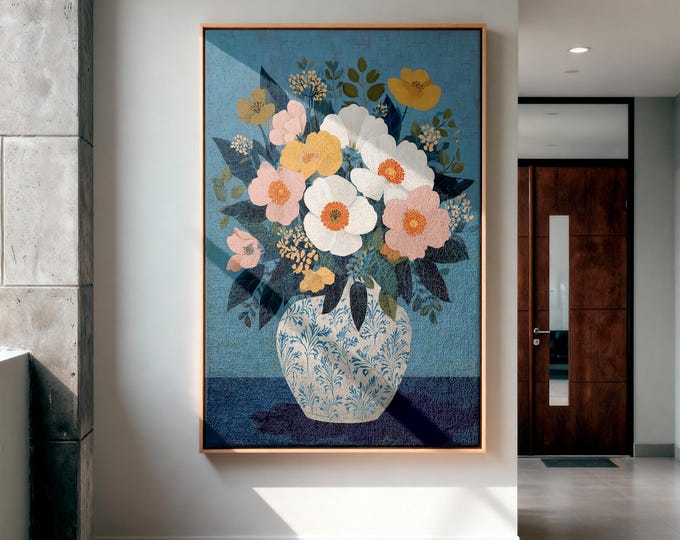 Chinoiserie Floral Oil Painting Print, Blue and White Vase Wall Art, Dark Blue Botanical Framed Canvas, Grandmillennial Decor